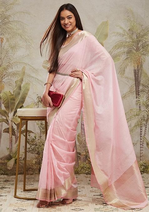 Baby Pink Printed Cotton Saree Set