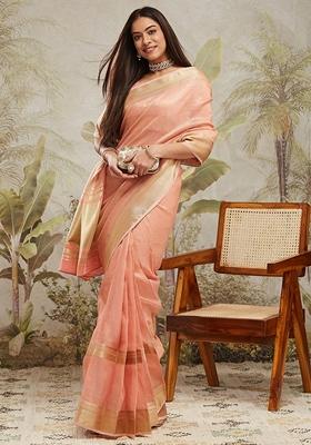 Peach Zari Work Kanjeevaram Saree Set