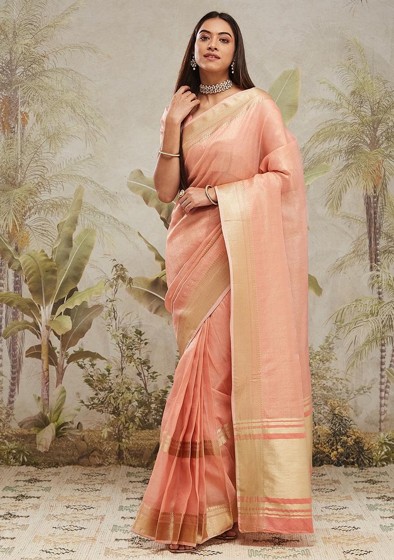 Peach Zari Work Kanjeevaram Saree Set