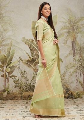 Lime Green Zari Work Kanjeevaram Saree Set
