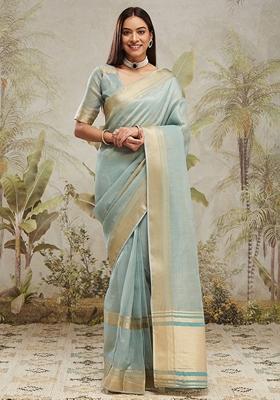 Light Blue Zari Work Kanjeevaram Saree Set