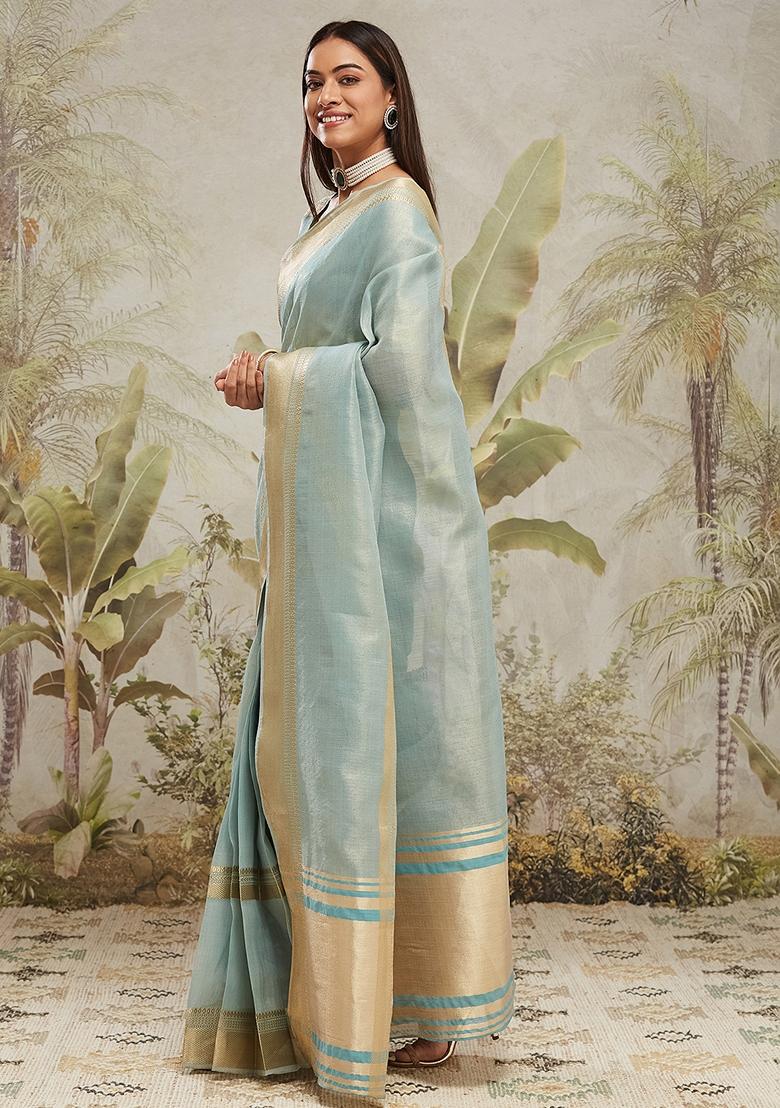 Light Blue Zari Work Kanjeevaram Saree Set
