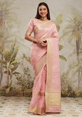 Pastel Pink Zari Work Kanjeevaram Saree Set