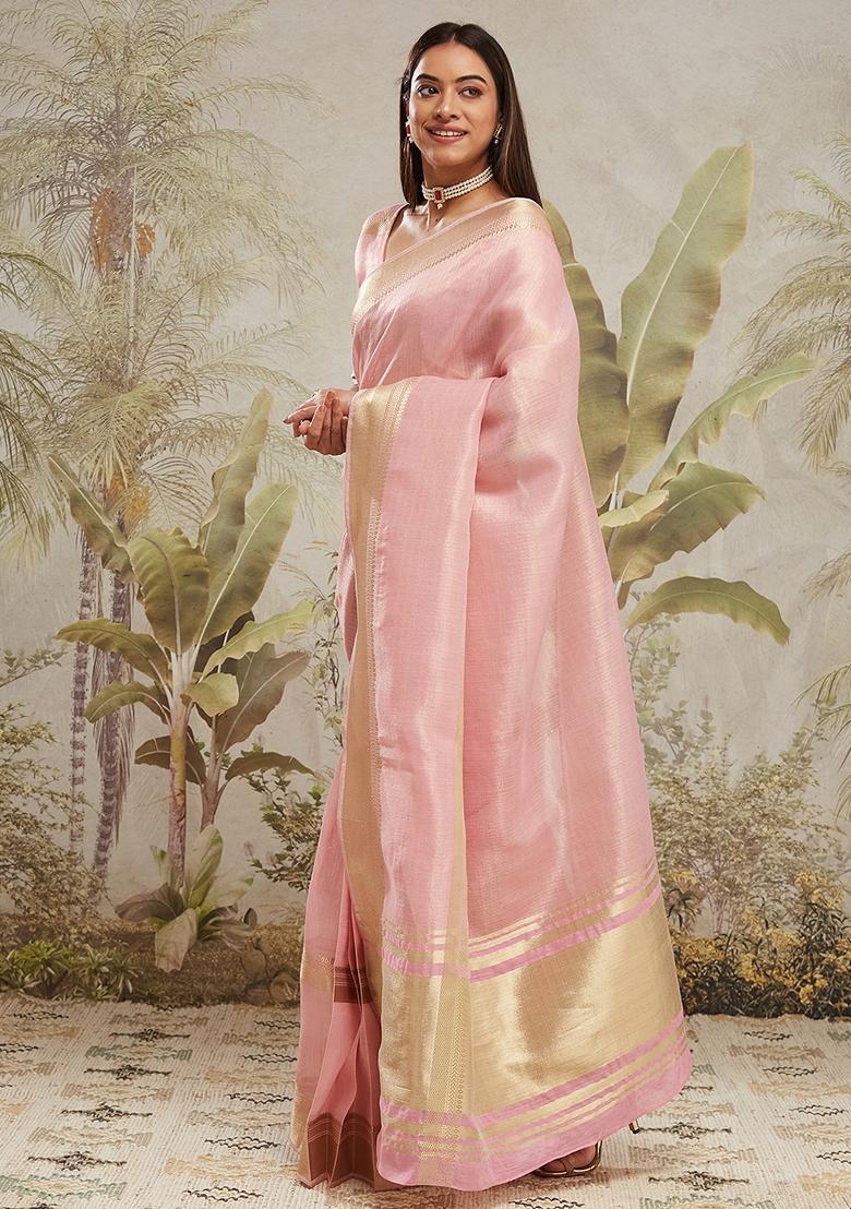Pastel Pink Zari Work Kanjeevaram Saree Set