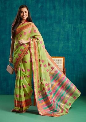 Green Checked Polycotton Saree Set