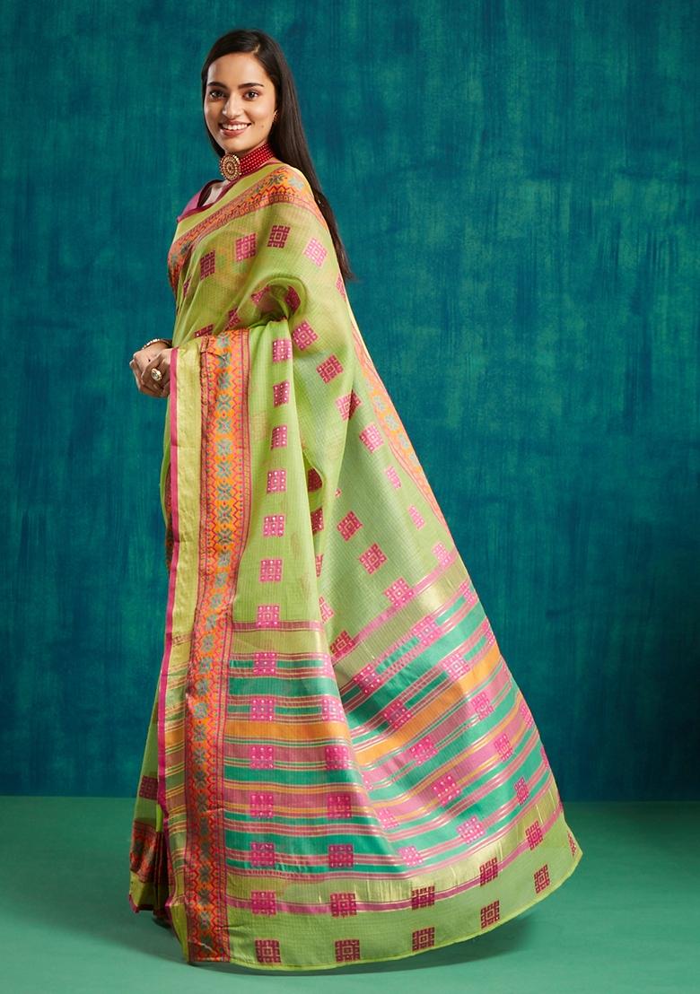 Green Checked Polycotton Saree Set