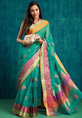 Rama Green Woven Design Polycotton Saree Set