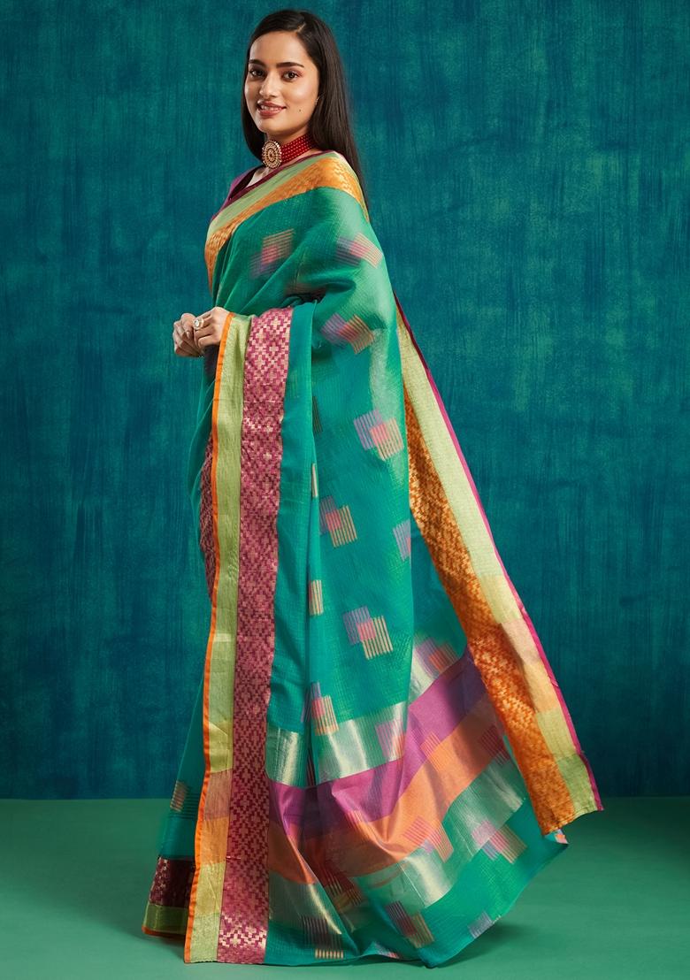 Rama Green Woven Design Polycotton Saree Set