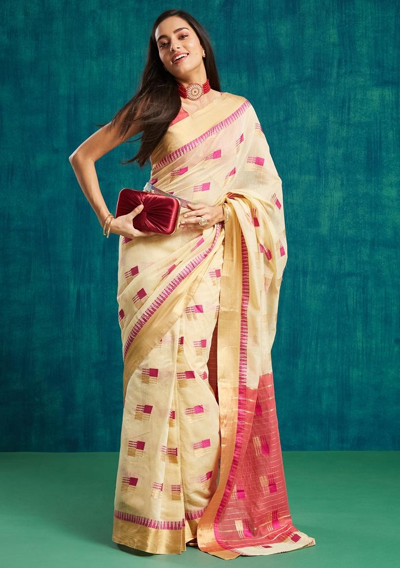 Beige Abstract Print Polycotton Saree Set