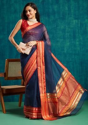 Navy Blue Zari Work Kanjeevaram Saree Set
