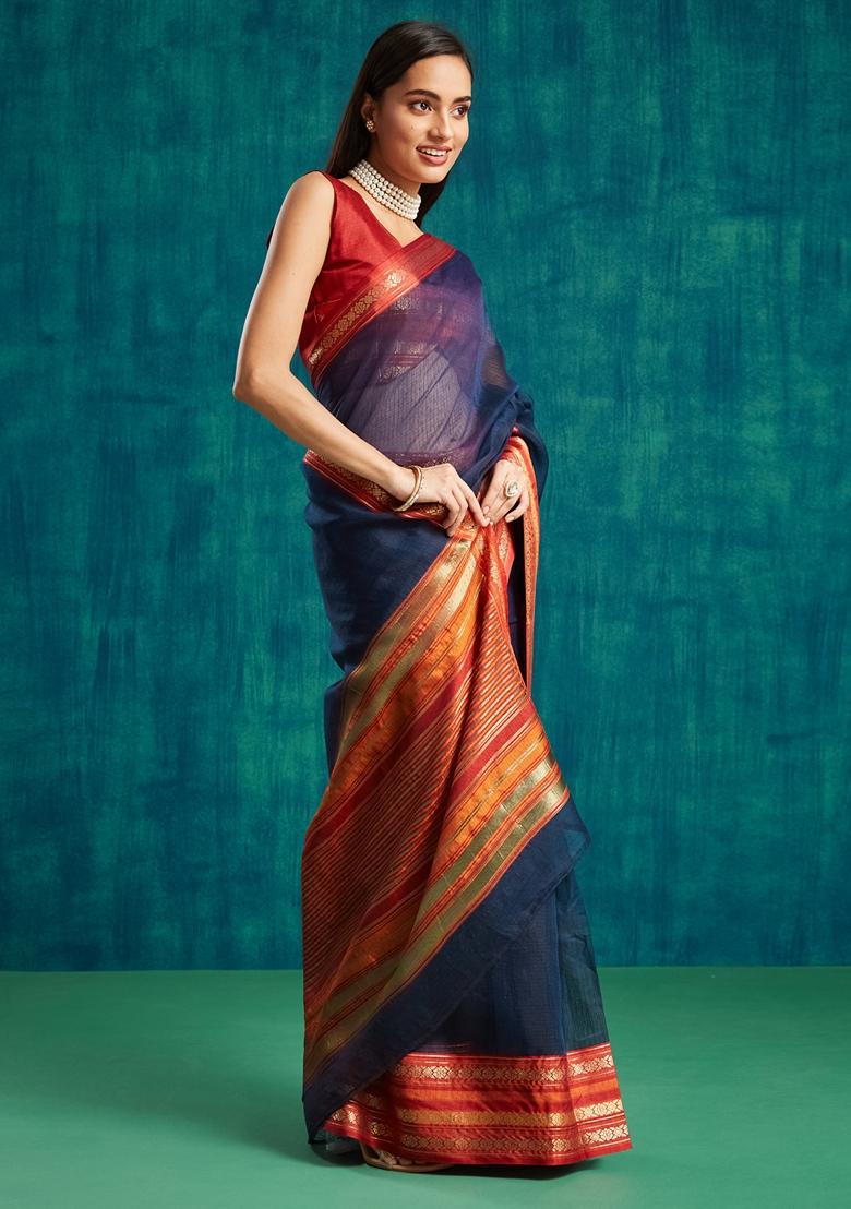 Navy Blue Zari Work Kanjeevaram Saree Set