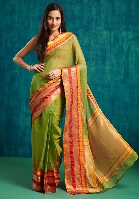 Lime Green Zari Work Kanjeevaram Saree Set