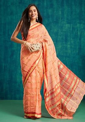 Orange Zari Work Kanjeevaram Saree Set