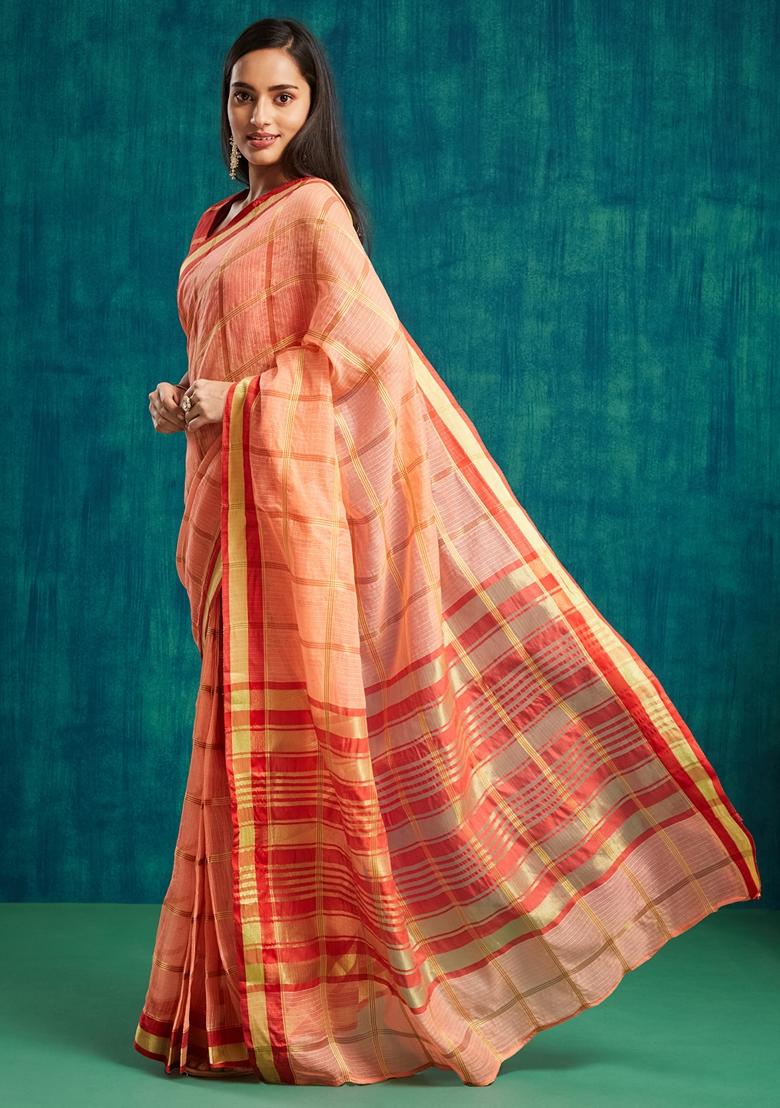Orange Zari Work Kanjeevaram Saree Set