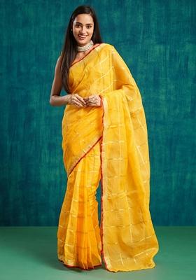 Yellow Zari Work Kanjeevaram Saree Set