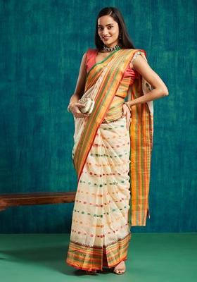 Beige Zari Work Kanjeevaram Saree Set