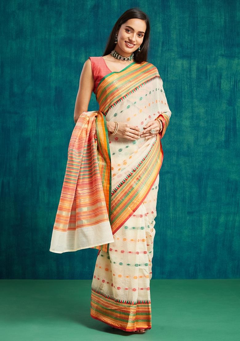 Beige Zari Work Kanjeevaram Saree Set