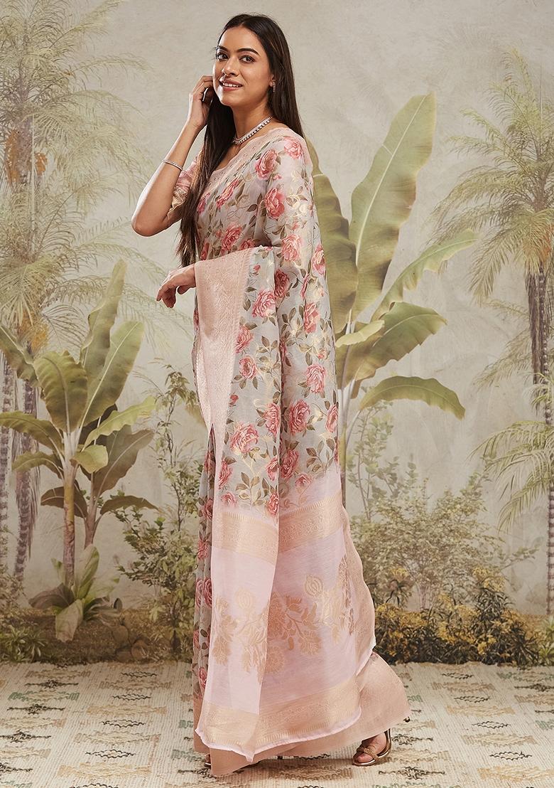 Baby Pink Zari Work Silk Saree Set