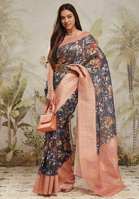 Navy Blue Zari Work Silk Saree Set