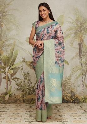 Sea Green Zari Work Silk Saree Set