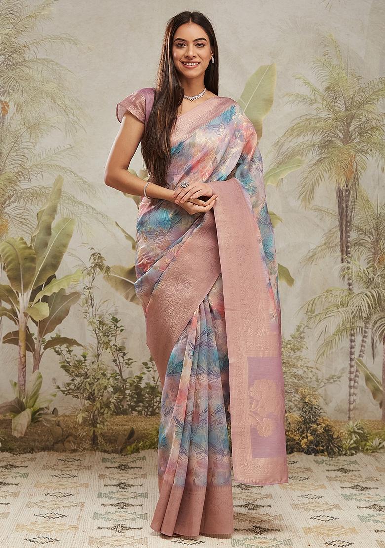 Mauve Pink Zari Work Silk Saree Set