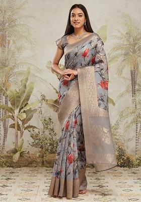 Grey Zari Work Silk Saree Set