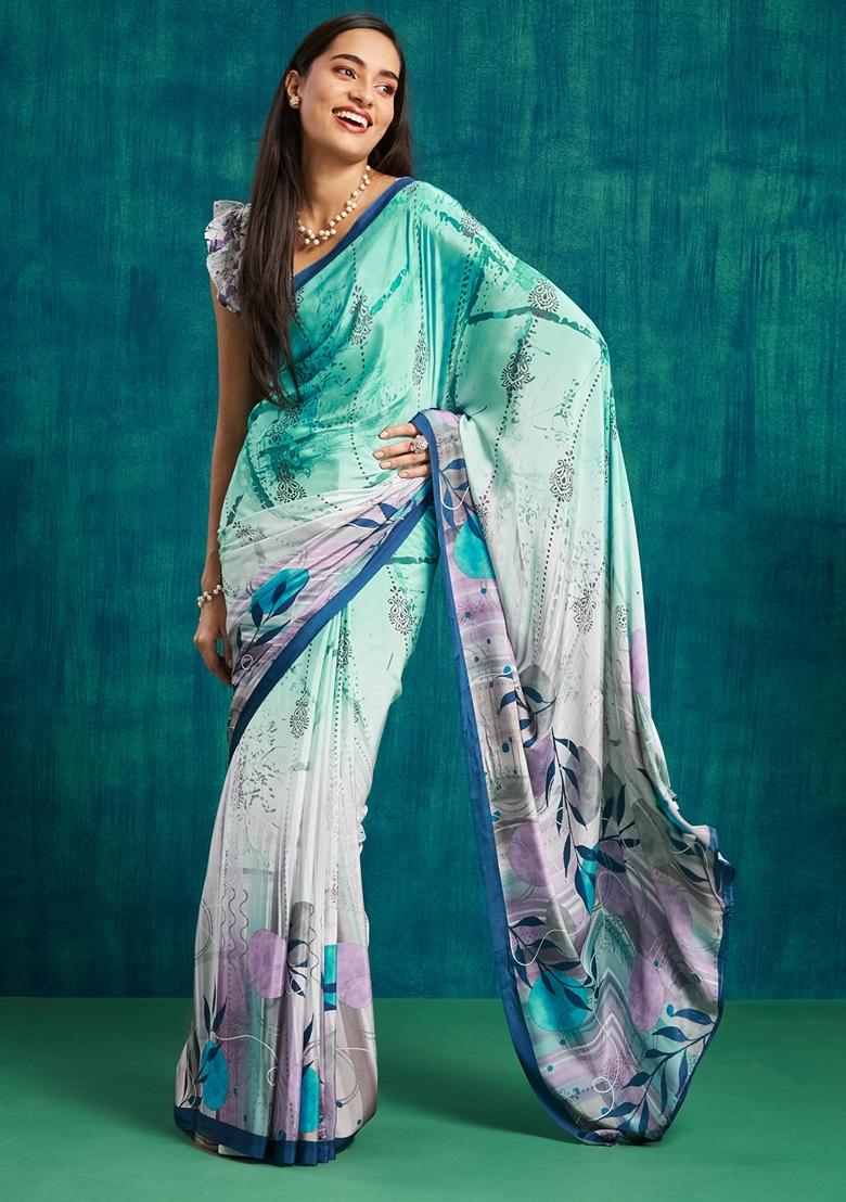 Sea Green Floral Print Poly Crepe Saree Set