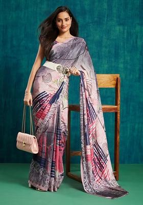 Multi Floral Print Poly Crepe Saree Set