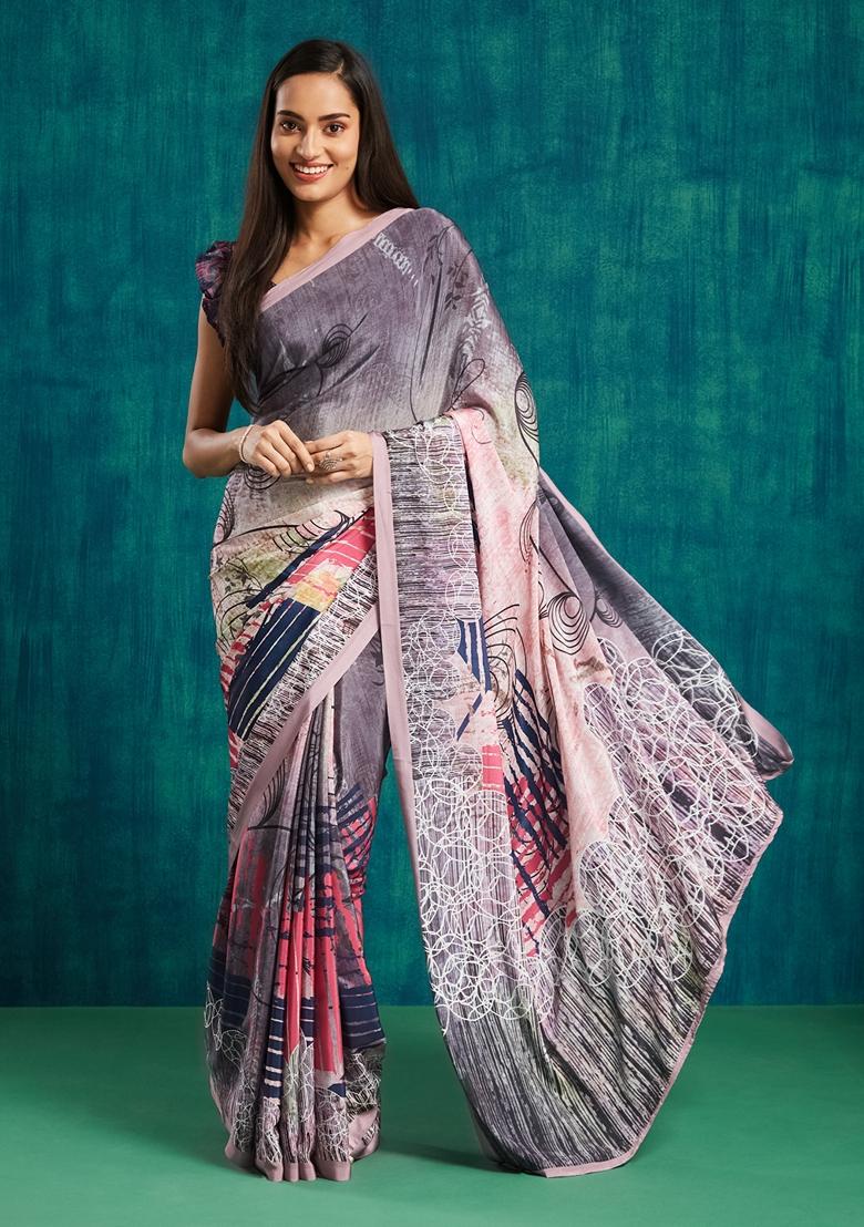 Multi Floral Print Poly Crepe Saree Set
