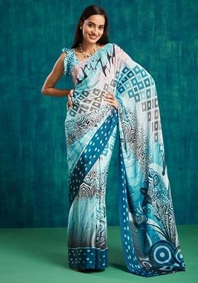 Blue Checked Poly Crepe Saree Set