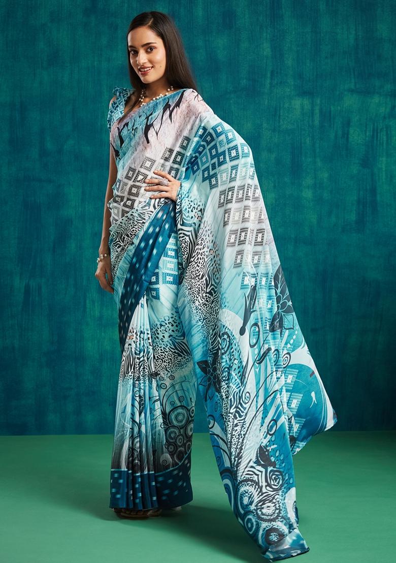 Blue Checked Poly Crepe Saree Set