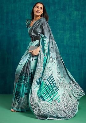 Green Abstract Print Poly Crepe Saree Set