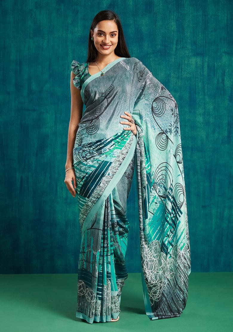 Green Abstract Print Poly Crepe Saree Set