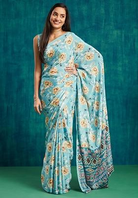 Blue Floral Print Poly Crepe Saree Set