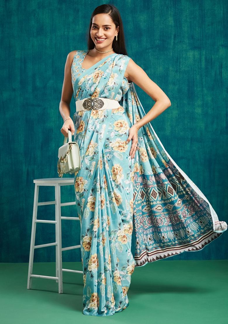Blue Floral Print Poly Crepe Saree Set