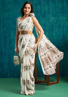 White Batik Print Poly Crepe Saree Set
