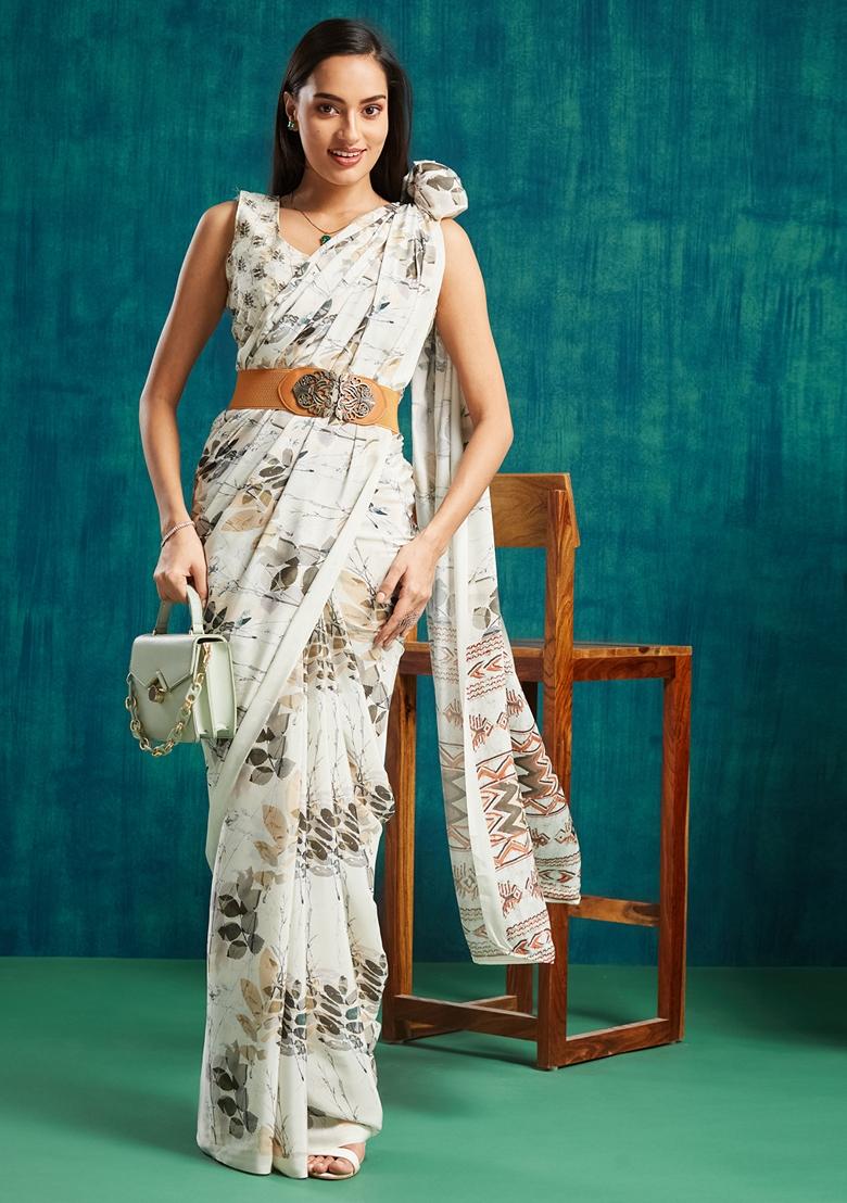 White Batik Print Poly Crepe Saree Set