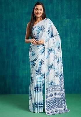 Blue Floral Print Poly Crepe Saree Set