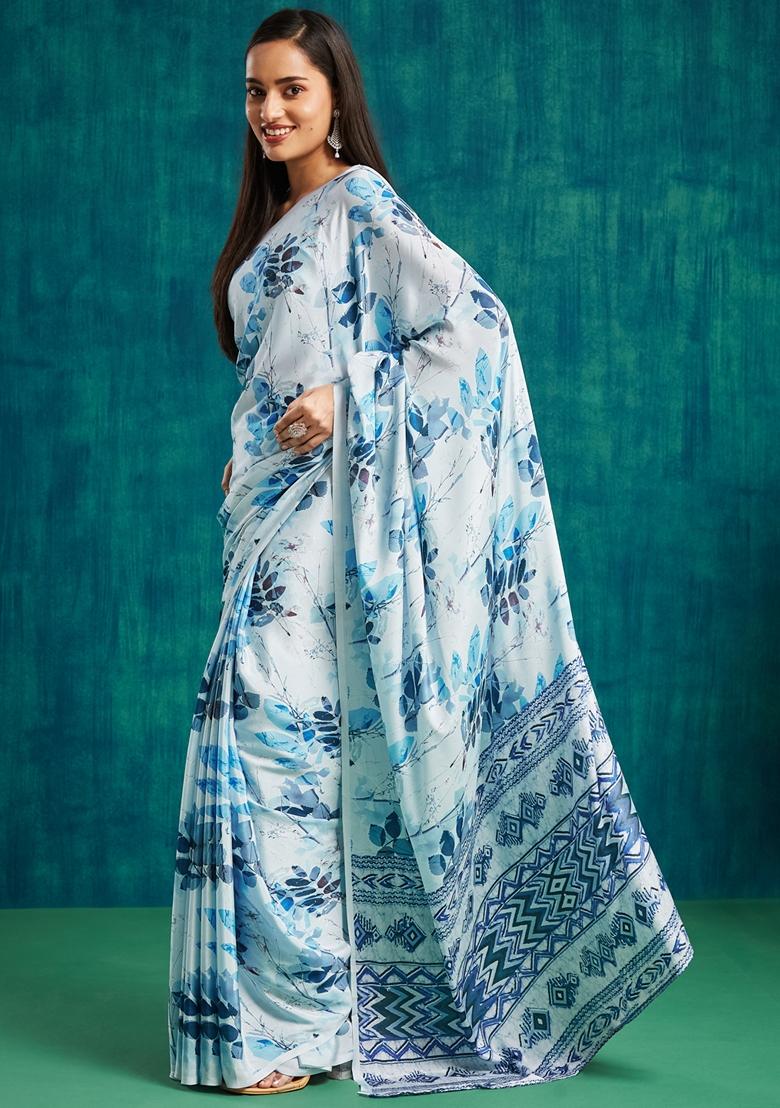 Blue Floral Print Poly Crepe Saree Set