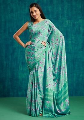 Green Floral Print Poly Crepe Saree Set