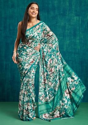 Green Floral Print Poly Crepe Saree Set