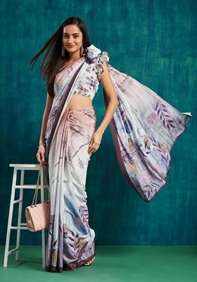 Purple Floral Print Poly Crepe Saree Set