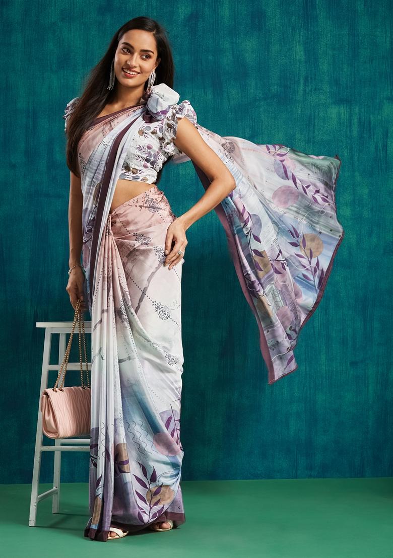 Purple Floral Print Poly Crepe Saree Set