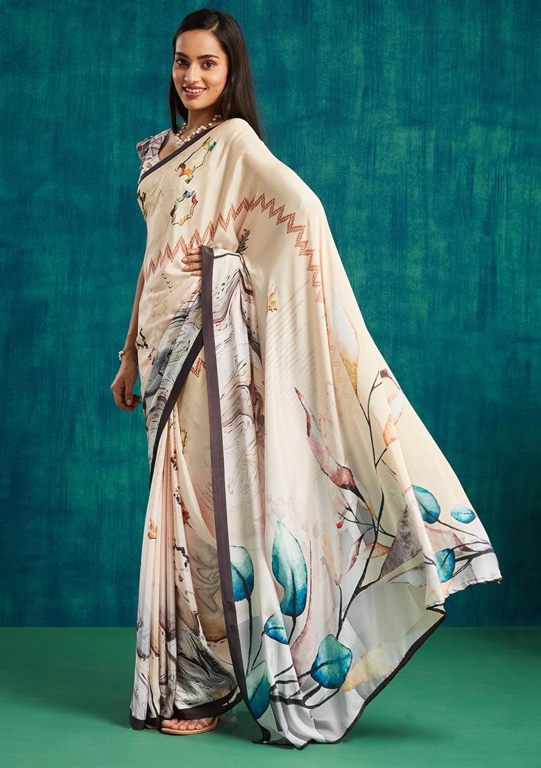 White Floral Print Poly Crepe Saree Set