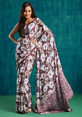 Purlpe Floral Print Poly Crepe Saree Set