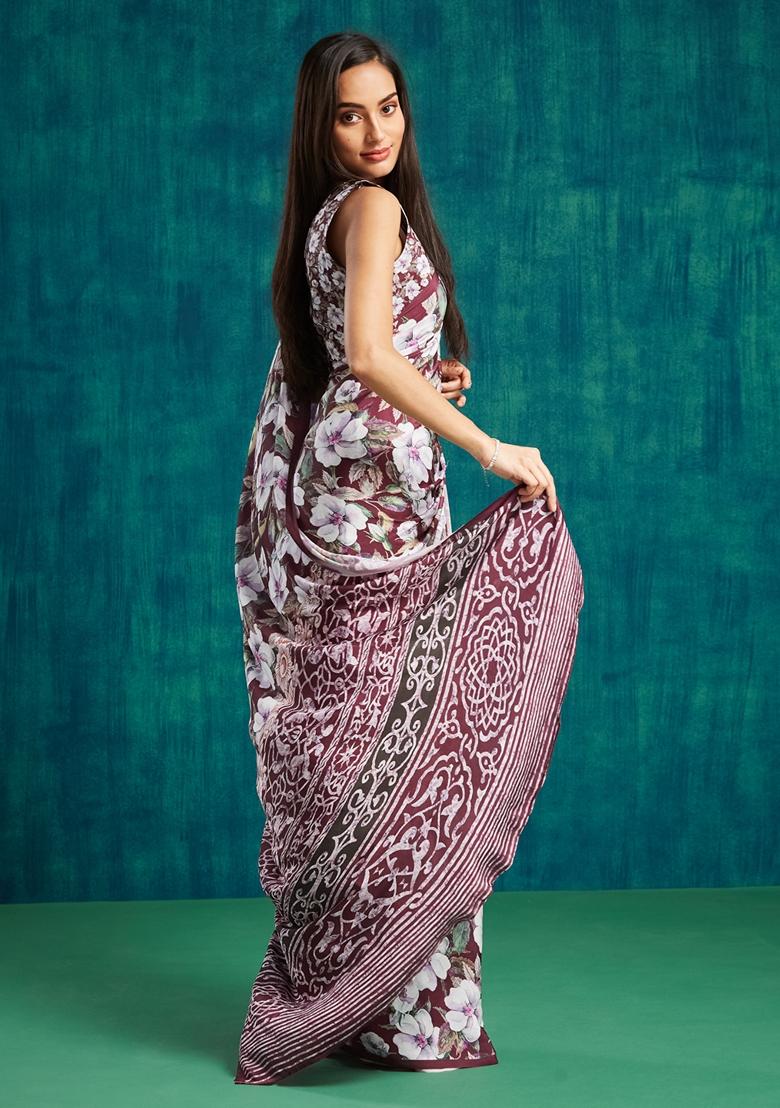 Purlpe Floral Print Poly Crepe Saree Set