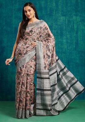 Peach Floral Print Jute Silk Saree Set