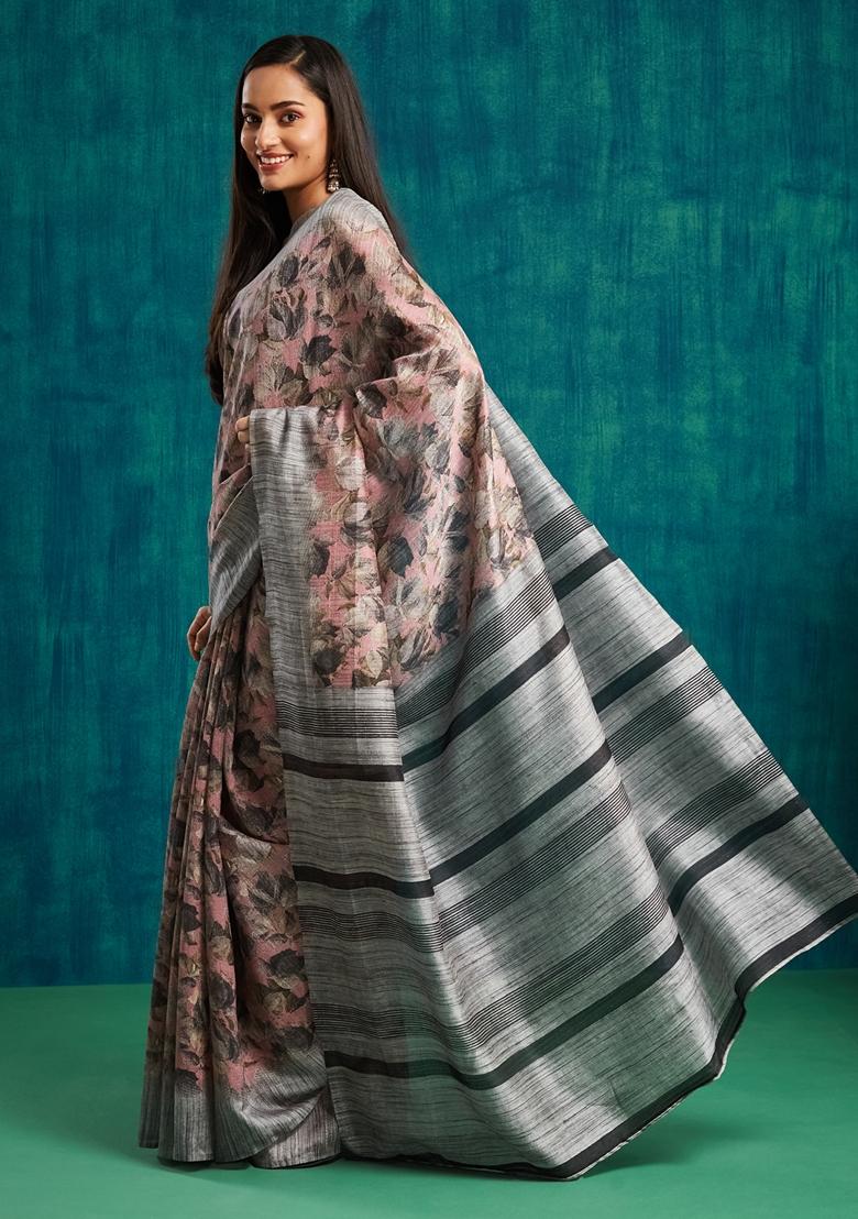 Peach Floral Print Jute Silk Saree Set