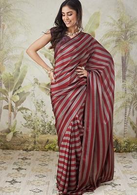Maroon Striped Satin Saree Set