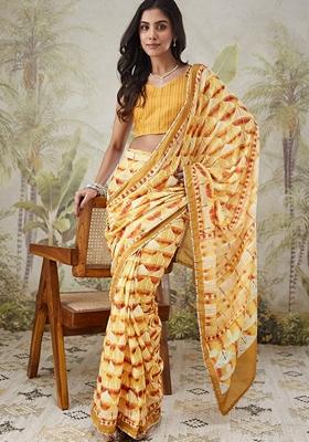 Yellow Geomatric Print Polycotton Saree Set